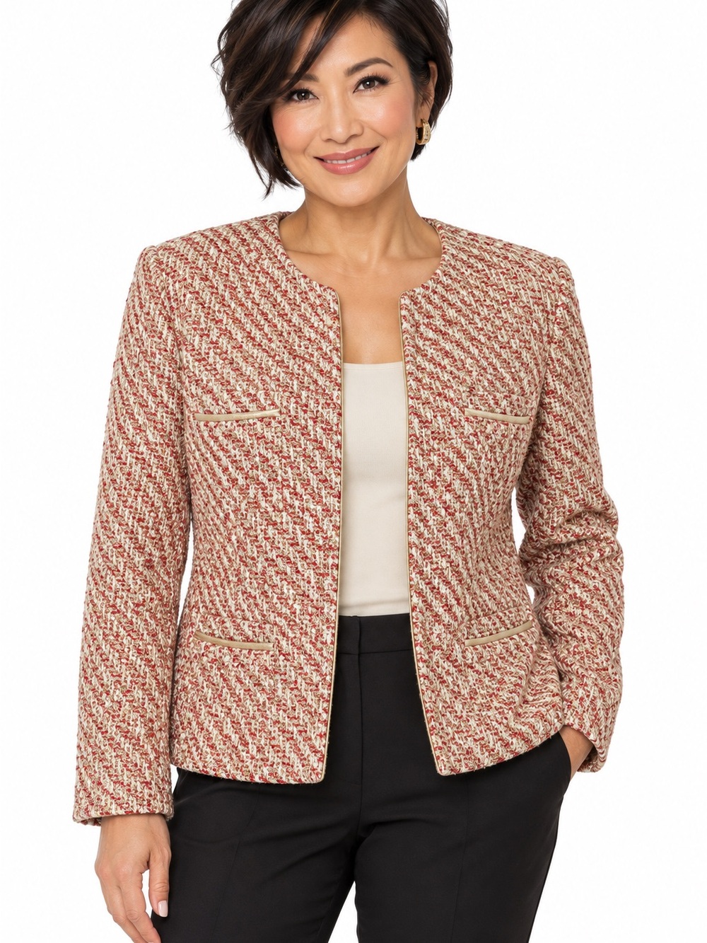 Vintage Kasper Tweed Jacket Size 8 Red Cream Gold Metallic Blazer